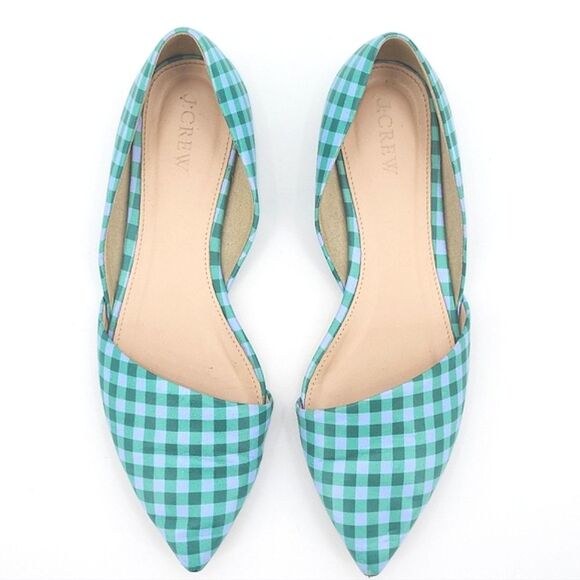 J Crew Flats Shoes Size 8 Womens Blue Emerald Green Gingham Plaid Leather F1187 - Picture 1 of 11